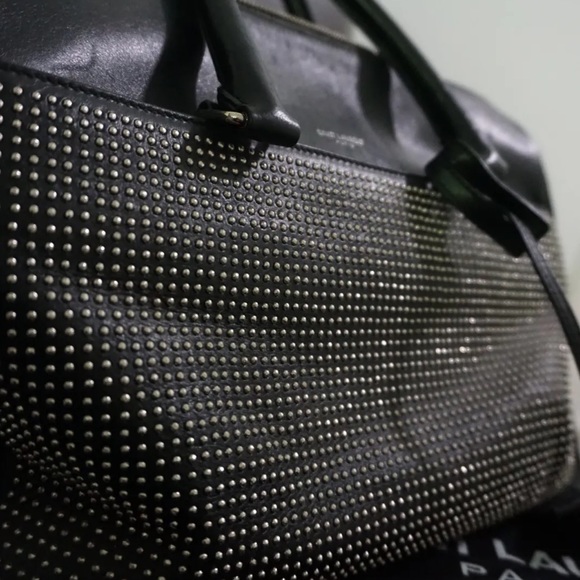 Yves Saint Laurent YSL Black Studded Duffel 6 Shoulder Bag Purse Silver - Picture 3 of 16